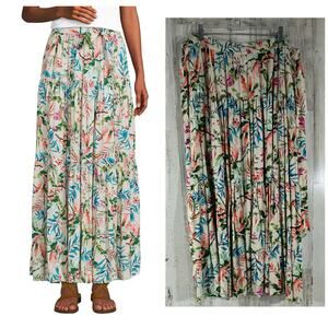 Lands End Belted Tiered‎ Full Maxi Skirt Size Large Floral Tropical Hawaiian